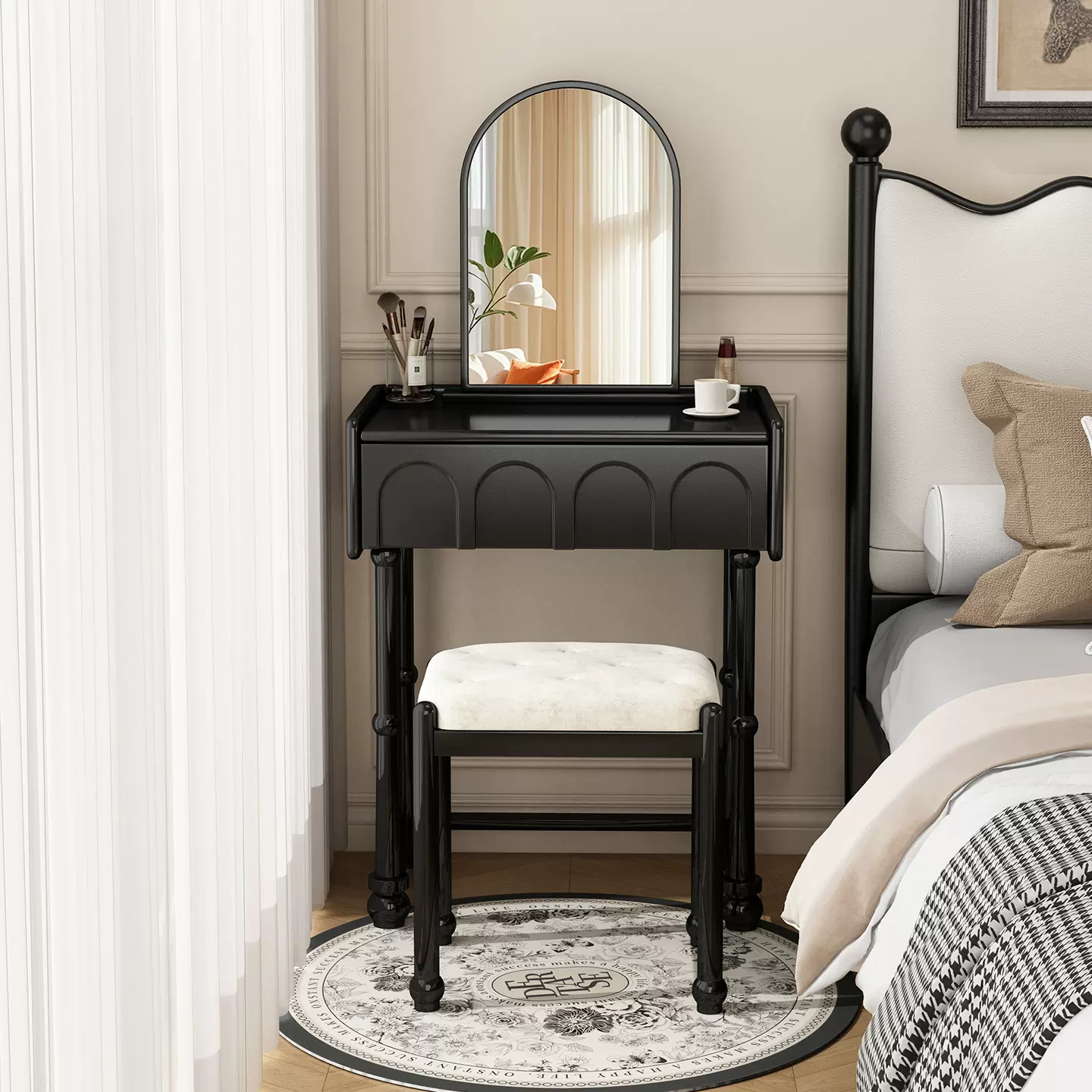 实木法式小钢琴梳妆台6cm中古小型黑色床头化妆台法式复古化妆桌