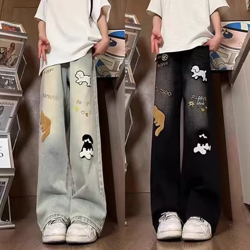 [Exclusively for Cross-Border Export] Light Blue Puppy Embroidered Jeans for Men in Summer Loose High Street Trendyy Boot-Cut Pants
