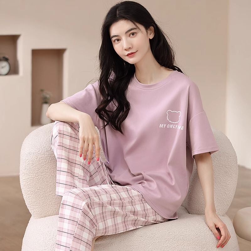 Summer New Cotton Pajamas Women's Short-sleeved Trousers Crewneck Pullover Thin Imitation Cotton Home Clothes suit Spring and Autumn Plaid