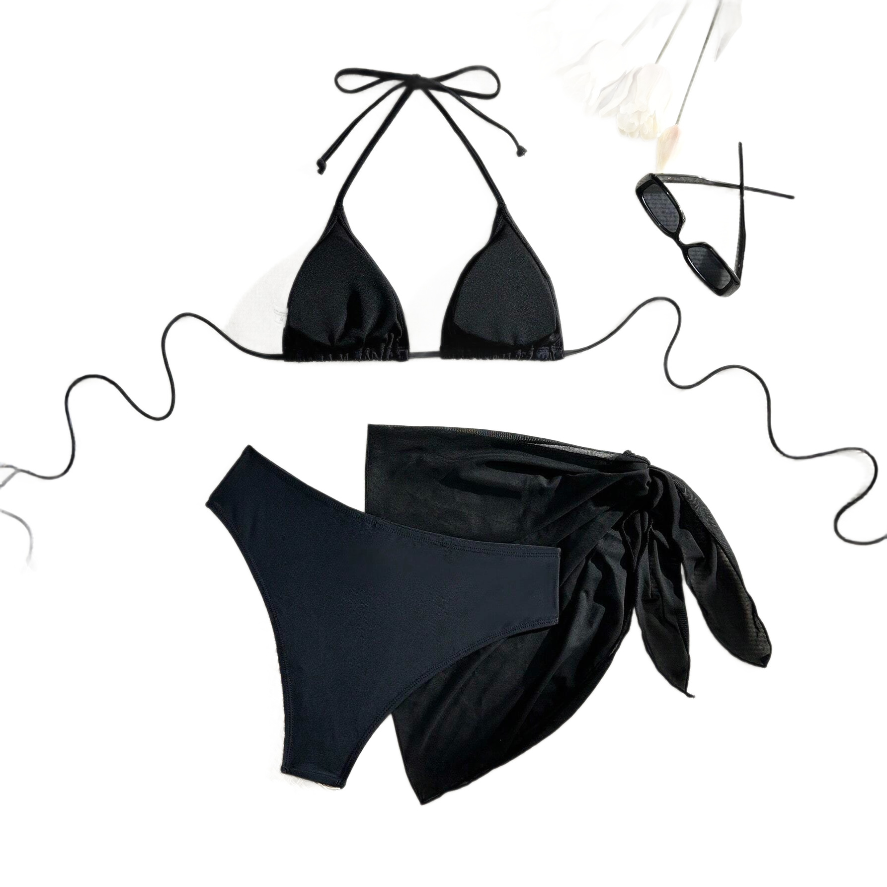 Women's Three Piece Swimsuit European And American Style Solid Color Printed Lace up Bikini Set for Beach Hot Spring Sexy_voghion.com