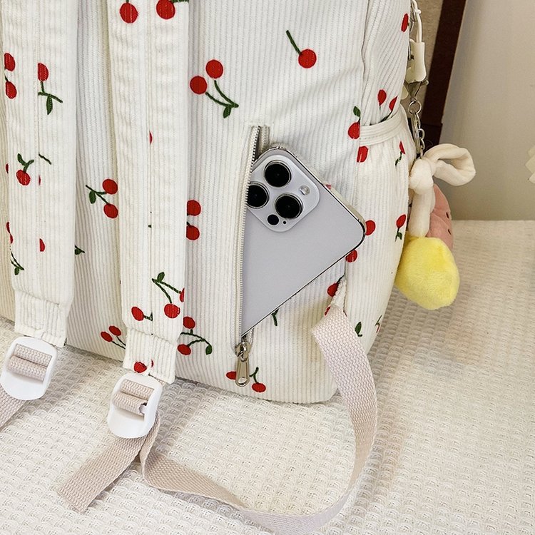 1197g Weight Polyester Lining Material Zipper Closure Type Double Shoulder Straps Strap Type Casual, School, Daily Occasion Corduroy Material Back To School Festival School Backpack Backpack Cherry Pattern All Seasons Season Women's Gender Cute Style Shell Shape Cherry Casual School Daily School Backpack 45