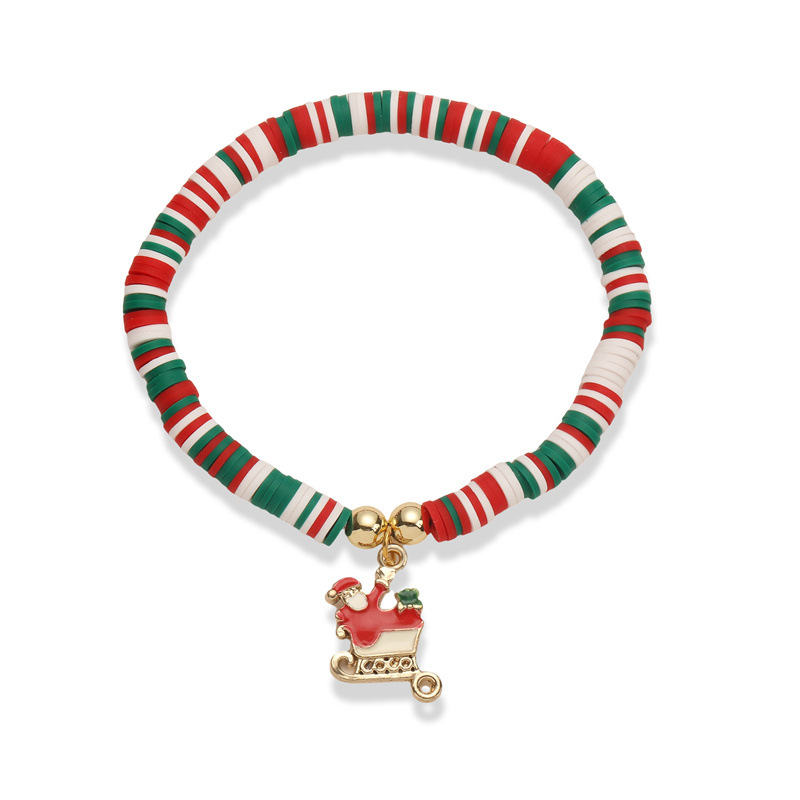 Fabricante de pulseras navideñas con cuentas de arcilla suave populares en Europa y América, chapado en aleación, con diseño de gota de aceite y campana de árbol de Navidad, en stock.