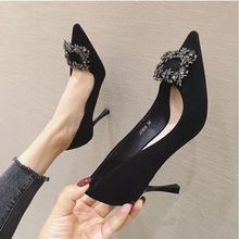 小码高跟女单鞋细跟春秋新款时尚水钻百搭少女性感黑色尖头工作鞋