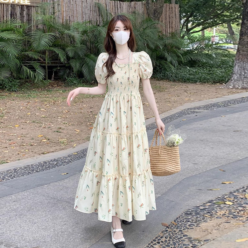 새로운 여름 레이스 업 쉬폰 드레스 여성 인쇄 플레어 슬리브 허리 슬리밍 여성 패션 캐주얼 비치 드레스 여성