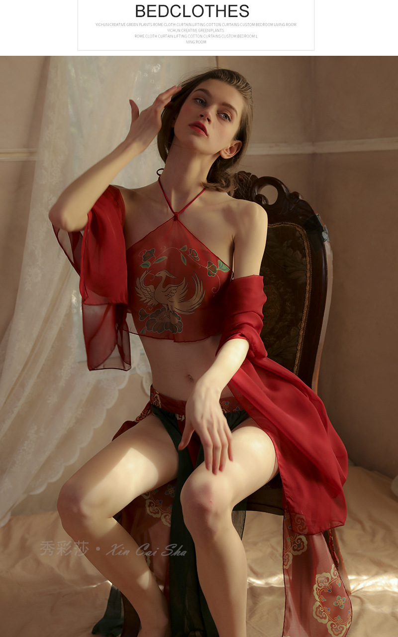 Sexy Hanfu Bellyband Nightgown Set with Shawl, Mesh Skirt and Thong — detail image 2