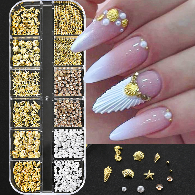 Cross-Border 12-Compartment Mixed Nail Art Accessories Shell Conch Pearl Starfish Flat-Back Rhinestones High-End Ocean Style Nail Decoration