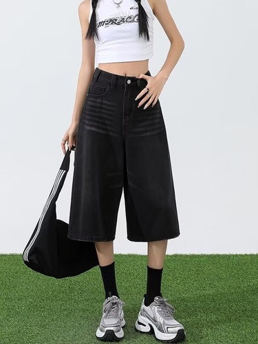 Women's Summer American Retro Streetwear Hipster Pants High Street Fashion Loose Wide Leg Seven-Eighth Pants