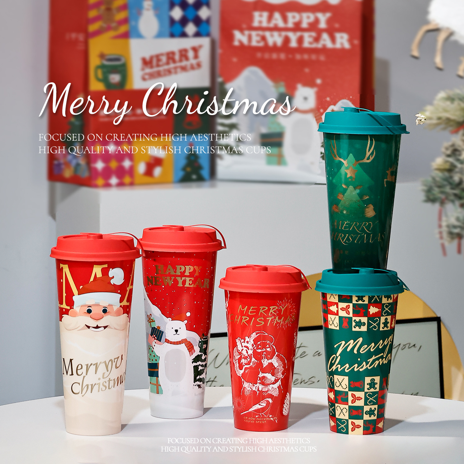 Taza de té desechable con tapa de 90 calibre taza de Navidad película adhesiva PP taza moldeada por inyección taza de plástico taza de bebida
