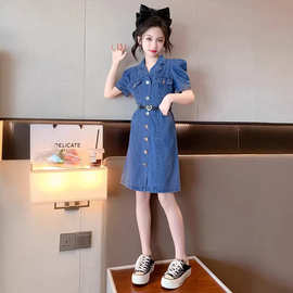 儿童牛仔裙夏款女童复古裙子童裙中大童牛仔连衣裙一件代发