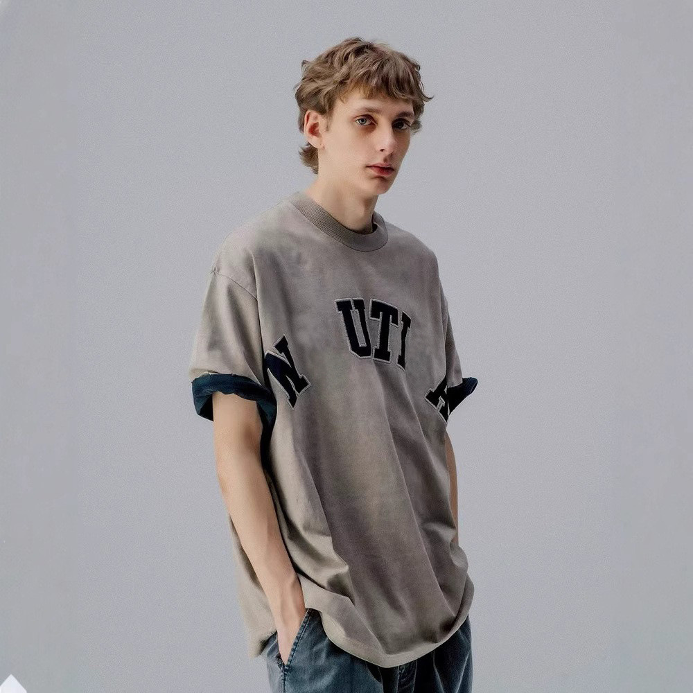 NAU 日系系トレンドブランド 冷染水洗い加工 ラウンドネック半袖Tシャツ メンズ ヘビーウェイトコットン 文字刺繍入り インナーシャツ/トップス