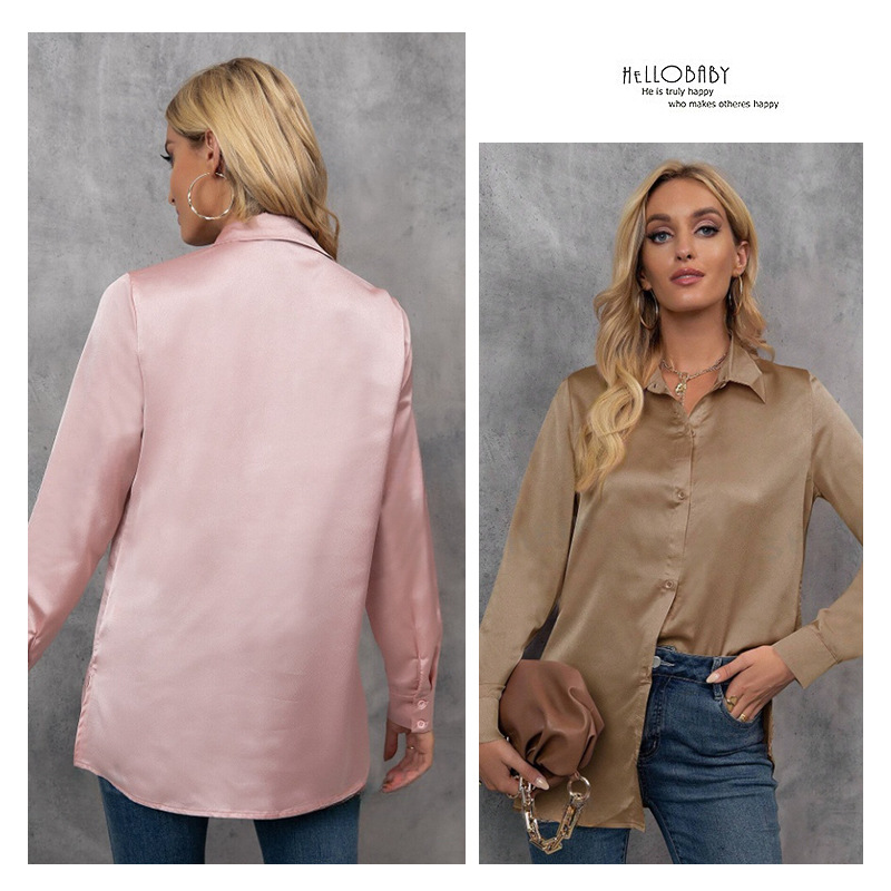 Camisa de manga larga de color de temperamento europeo y americano, nueva primavera y verano, camisa de seda suelta de imitación de color sólido, top de color de manga larga