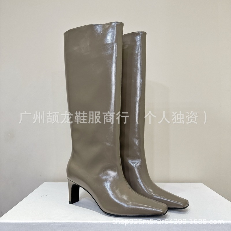 高端2025小众秋冬时髦真皮方头复古高跟显瘦高筒骑士靴时装长靴女|undefined