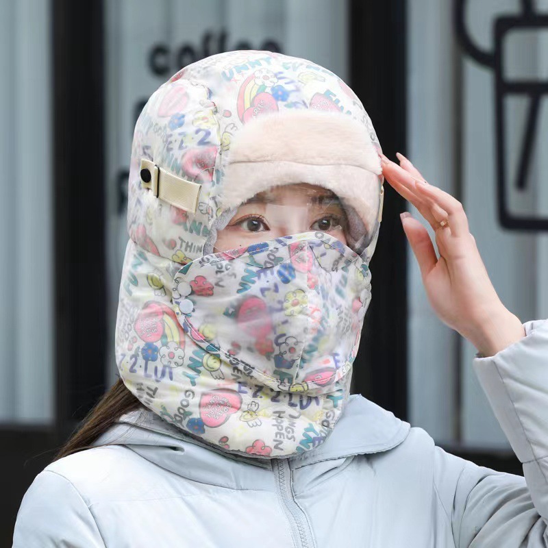 冬季骑车涂鸦雷锋帽女士保暖防寒防风东北套头帽护耳护脖护目帽子|undefined