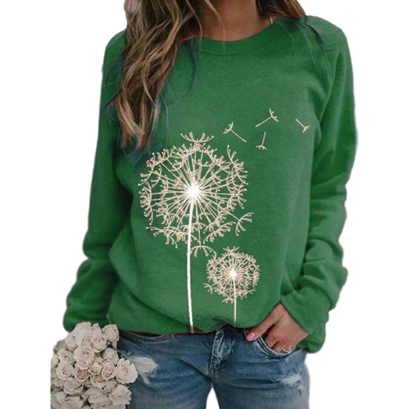 European and American Amazon Wish Autumn and Winter New Women's Dandelion Print Round Neck Sweatshirt Loose and Casual 2024Temu