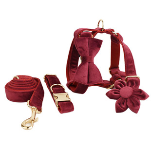 Wine red velvet pet collar dog collar dog rope dog chain leash Amazon new dog neck ring chest back