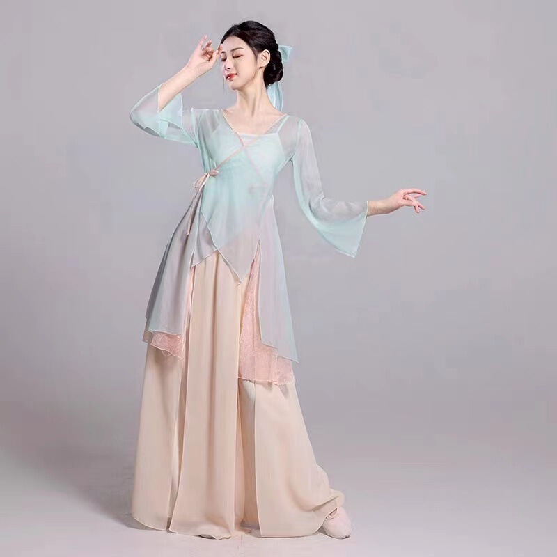新しい古典的なダンスの女性のエレガントなガーゼ中国舞踊の練習服女性の妖精シフォントップパフォーマンス服古代スタイル|undefined