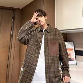 春秋格子长袖衬衫男休闲法式痞帅设计感小众复古日系港风韩版衬衣