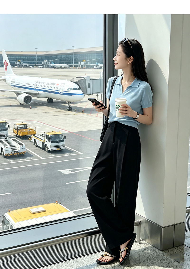 Quần tây nữ ống rộng cạp cao dáng suông, chất liệu mát mẻ chống nhăn, phù hợp đi làm mùa hè — Mát mẻ, rũ và chống nhăn - màu xanh lơ đen (cạp chun) chi tiết 31