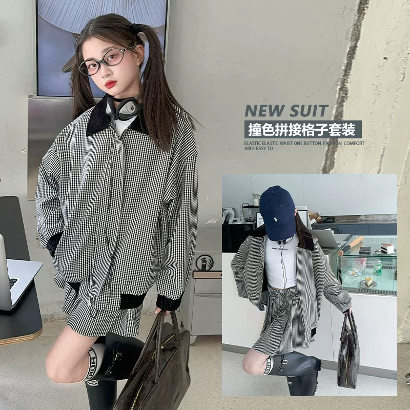 Ретро куртка, осенний комплект для отдыха, pleated юбка, американский стиль