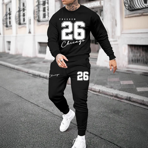 Fashion 3D Printed Sporty Casual Sweatshirt and Pants Set for Men - Autumn Round Neck Simple Letter Print with Gradient Design