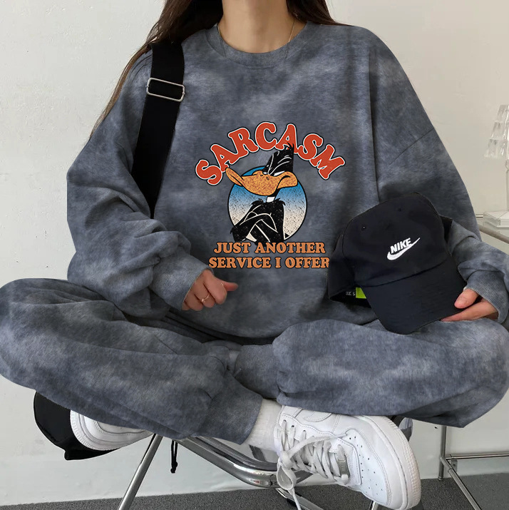 Trendy High-End Casual Sports Slim-Fit Round-Neck Sweatshirt Set for Women, Autumn and Winter, Fleece-Lined, Fashionable Thin Style