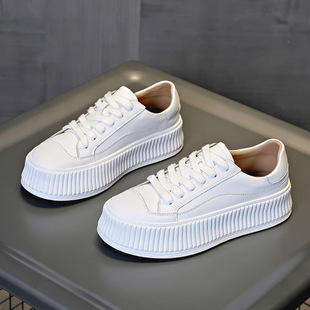 2024 Spring and Summer Small All-match Sports Thick Bottom Genuine Leather Korean Student Casual Biscuits White Shoes Women's Trendy