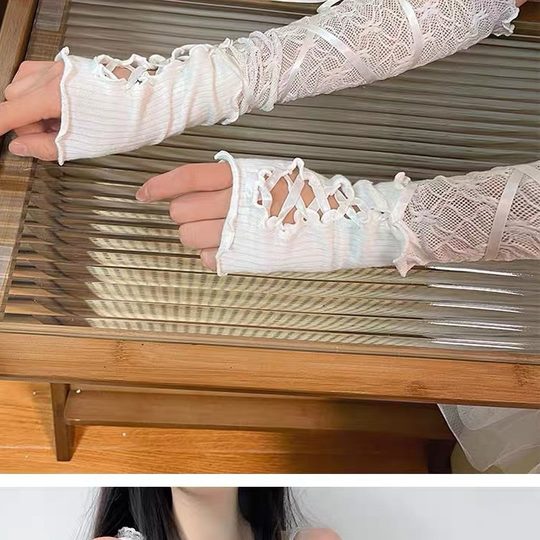 Y2K洛丽塔手套芭蕾风白色蕾丝袖套女薄款夏季防晒辣妹绑带手套
