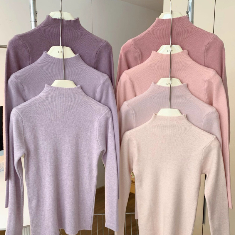 Ins Smoke Gray Purple Half Turtleneck Cashmere Knitted Bottoming Sweater Women's Sweater with Autumn and Winter New Pink Slim Top Ins Smoke Gray Purple Half Turtleneck Cashmere Knitted Bottoming Sweater Women's Sweater with Autumn and Winter New Pink Slim Top