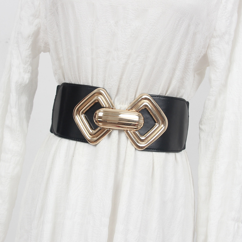 Elastic capacious geometric golden metal waist belt