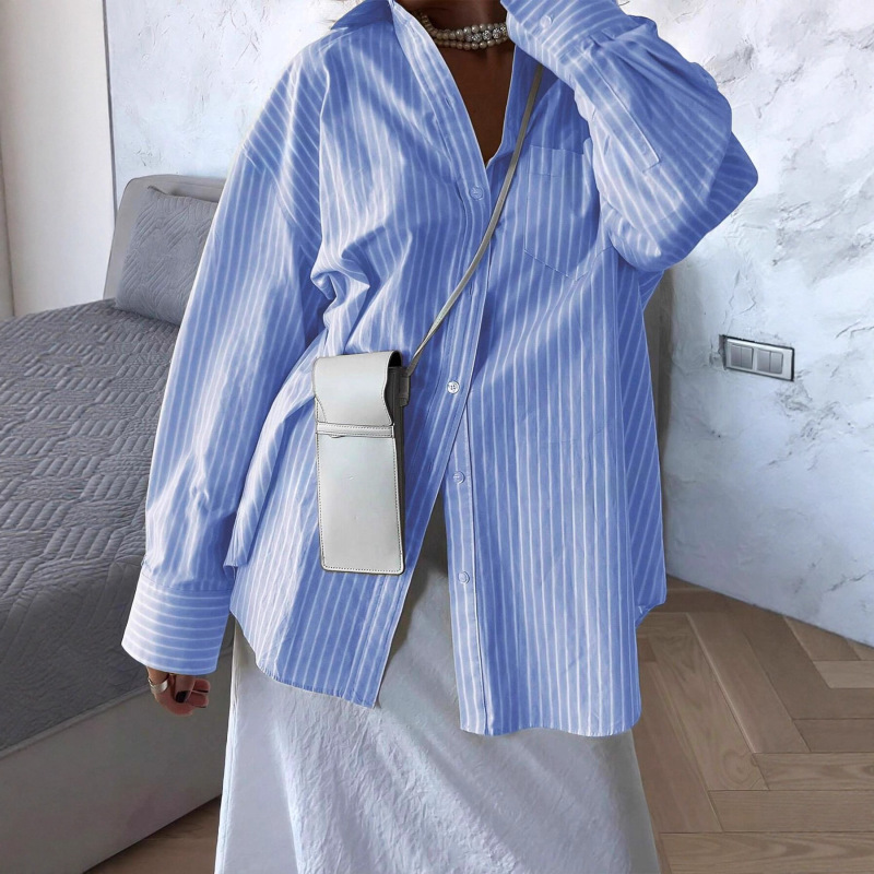 2025 European and American Export Women's Stripesd Long-Sleeved Shirts, Fashionable and Comfortable Design, Suitable for Daily Wear