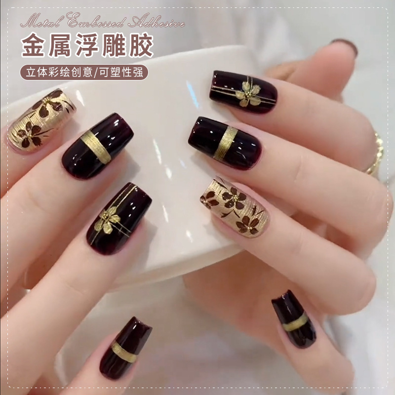 Nail Art Metal Embossing Gel No-Wash 3D Carving Gel Modeling Nail Polish Gel Retro Chinese Style Champagne Gold Color Nail Art Metal Embossing Gel No-Wash 3D Carving Gel Modeling Nail Polish Gel Retro Chinese Style Champagne Gold Color