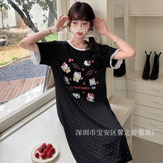 PinkWeo春夏新款蕾丝花边KT短袖点点卡通宽松休闲外穿睡裙居家服