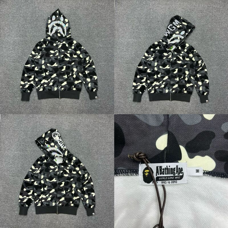 トレンディなブランド BAPE サメ迷彩ジッパースウェットシャツ男性と女性のカップル用ルーズトレンディなベルベットフード付きカーディガンジャケット男性用|undefined