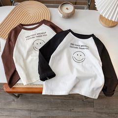 2023 Spring and Autumn Korean Style Cute Smiling Color-blocked Peplum Sleeve Long-sleeve T-shirt Base Shirt New Versatile Top for Men