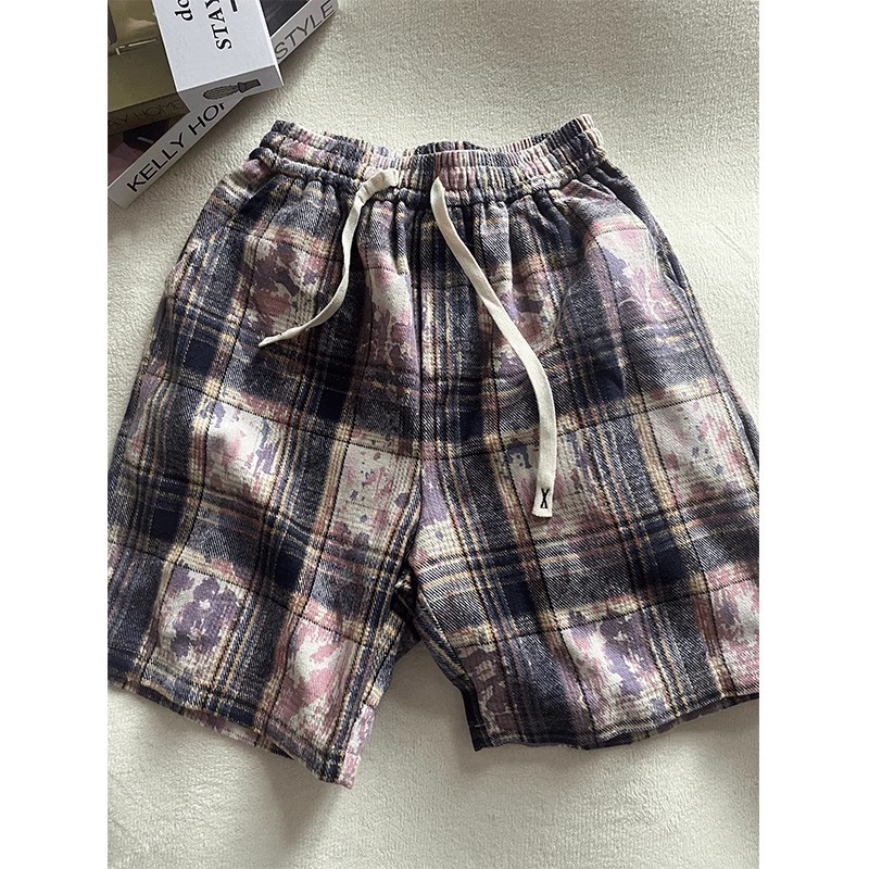Casual Straight Leg Tie Dye Plaid Shorts For Men And Women Loose Fitting Five Point Beach Pants High Street Fashion Summer_viptrois.com