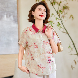 Summer mother's printed short sleeve top 2025 new middle-aged and elderly Guofeng plus size T-shirt fashion mother-in-law small shirt