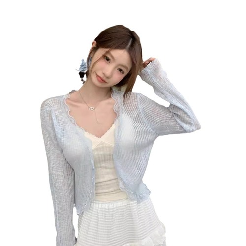 Sunscreen ice silk jacket, summer short long-sleeved shawl, thin suspender skirt, knitted top, gentle air-conditioned cardigan