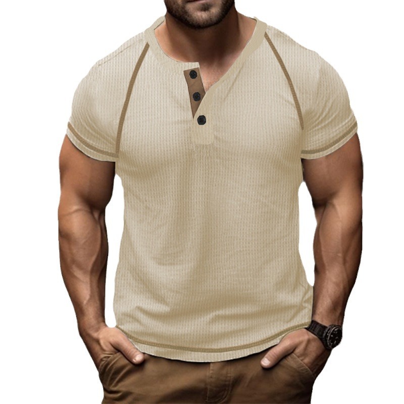Large Round Neck Buckle Men's Summer Solid Oversized Waffle Casual Henry T_voghion.com