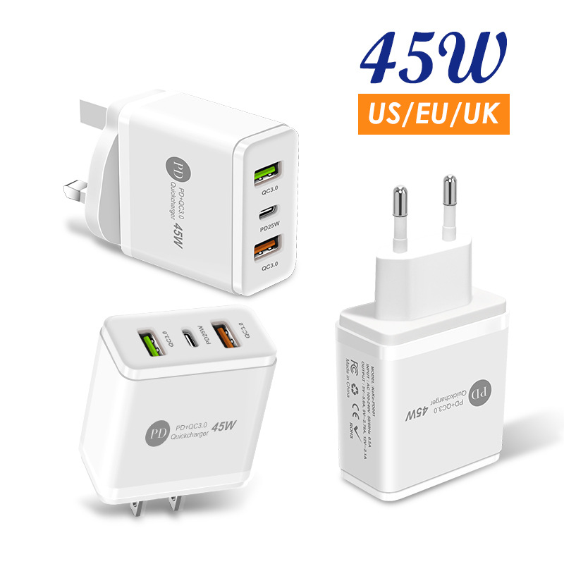 New PD45W fast mobile phone charger 5V4A British standard PD+2USB multi port adapter charging head_voghion.com