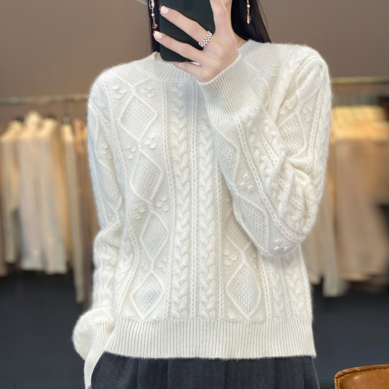 新款高腰毛衣女圆领套头电脑提花纯色针织衫宽松减龄长袖全羊毛衫