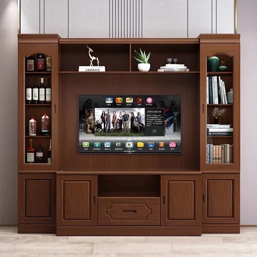 TV background cabinet with bookcase combination cabinet solid wood 2.4m3 3.8m large living room floor-standing video wall large capacity