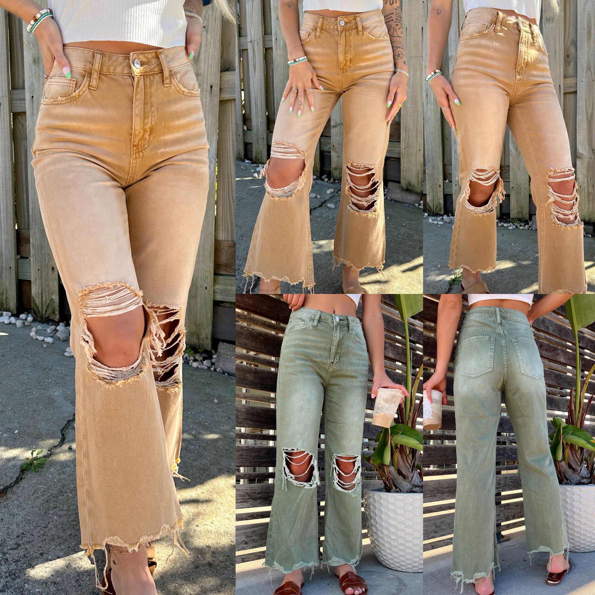 Jeans Anchos con Roturas para Mujer de Mezclilla de Algodón Corte Holgado Tiro Alto para Uso Diario