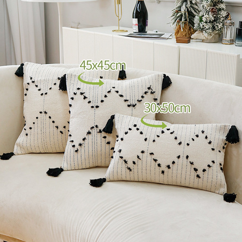 Single-sided cotton thread-cut four-corner tassel pillowcase without pillow core, home sofa lumbar support, office lumbar pillow cushion cover
