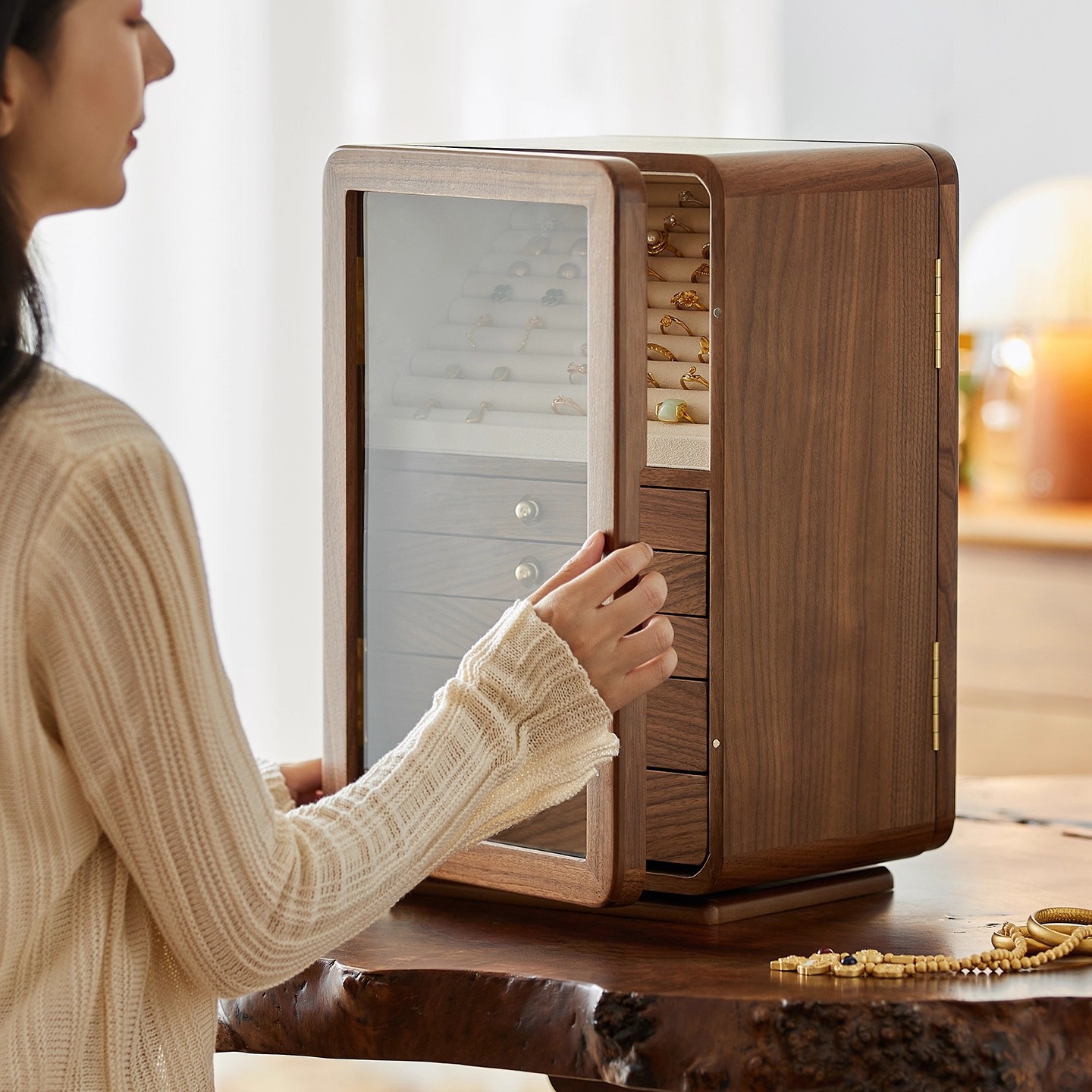 Black Walnut Solid Wood Jewelry Box, High-End, Exquisite, Large-Capacity Earrings, Earrings, Necklaces, Jewelry Storage, Anti-Oxidation