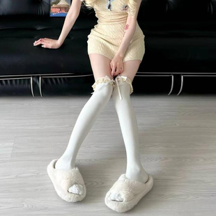 Autumn and winter Milky White Stockings lace over-the-knee socks Lolita girl pure desire bow stretchable pile socks