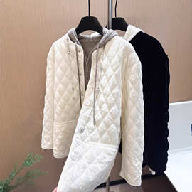 轻盈保暖~超好看夹棉白色棉服冬季圆领长袖菱格轻薄棉衣丝绒外套