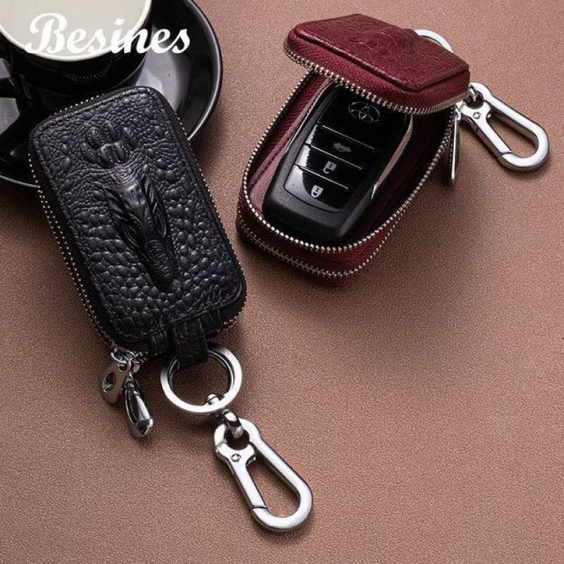 Cross-Border High-End New Crocodile Leather Car Key Case for Men and Women, Double-Layer Universal Car Key Case, Key Holder