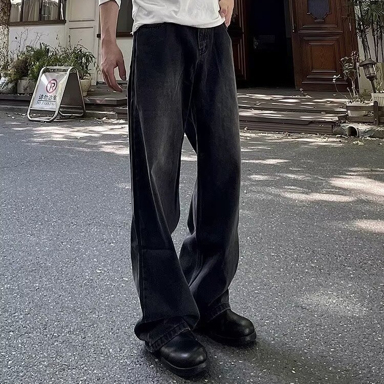 美式做旧复古牛仔裤男百搭宽松修身阔腿长裤微喇弯刀显瘦牛仔裤男|undefined