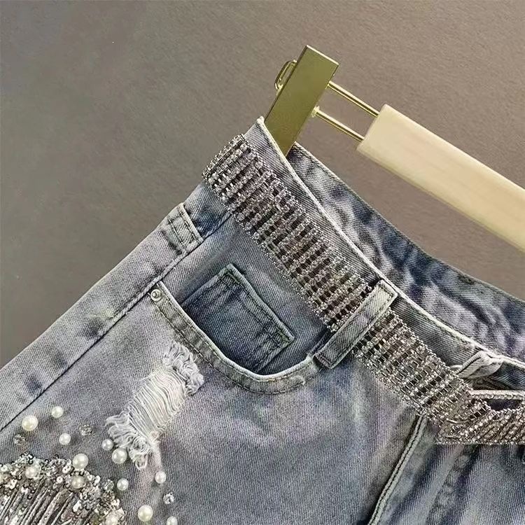Women's Heavy Duty Rhinestone Denim Shorts High Waisted Slimming Beaded Tassel Ripped Copper 2026 Summer New Style_ecoleips.com