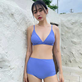 22新款韩版分体泳衣女三角裤紫色比基尼深V领高腰裤遮肚bikin泳装
